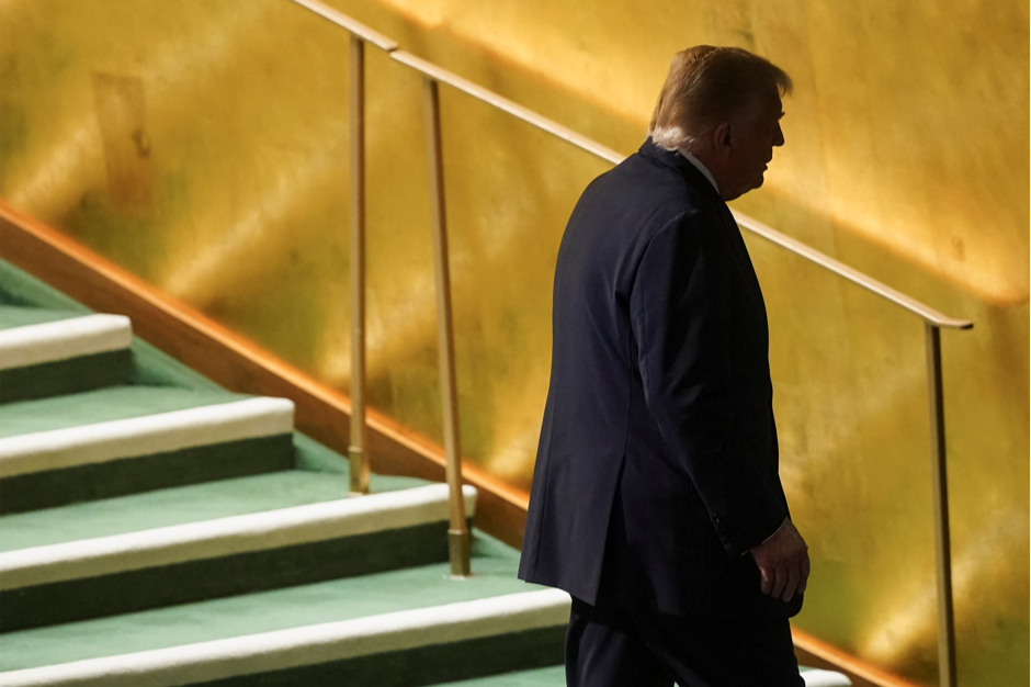 U.S. President Donald Trump walks after addressing the 80th United Nations General Assembly, in New York City, September 23, 2025.