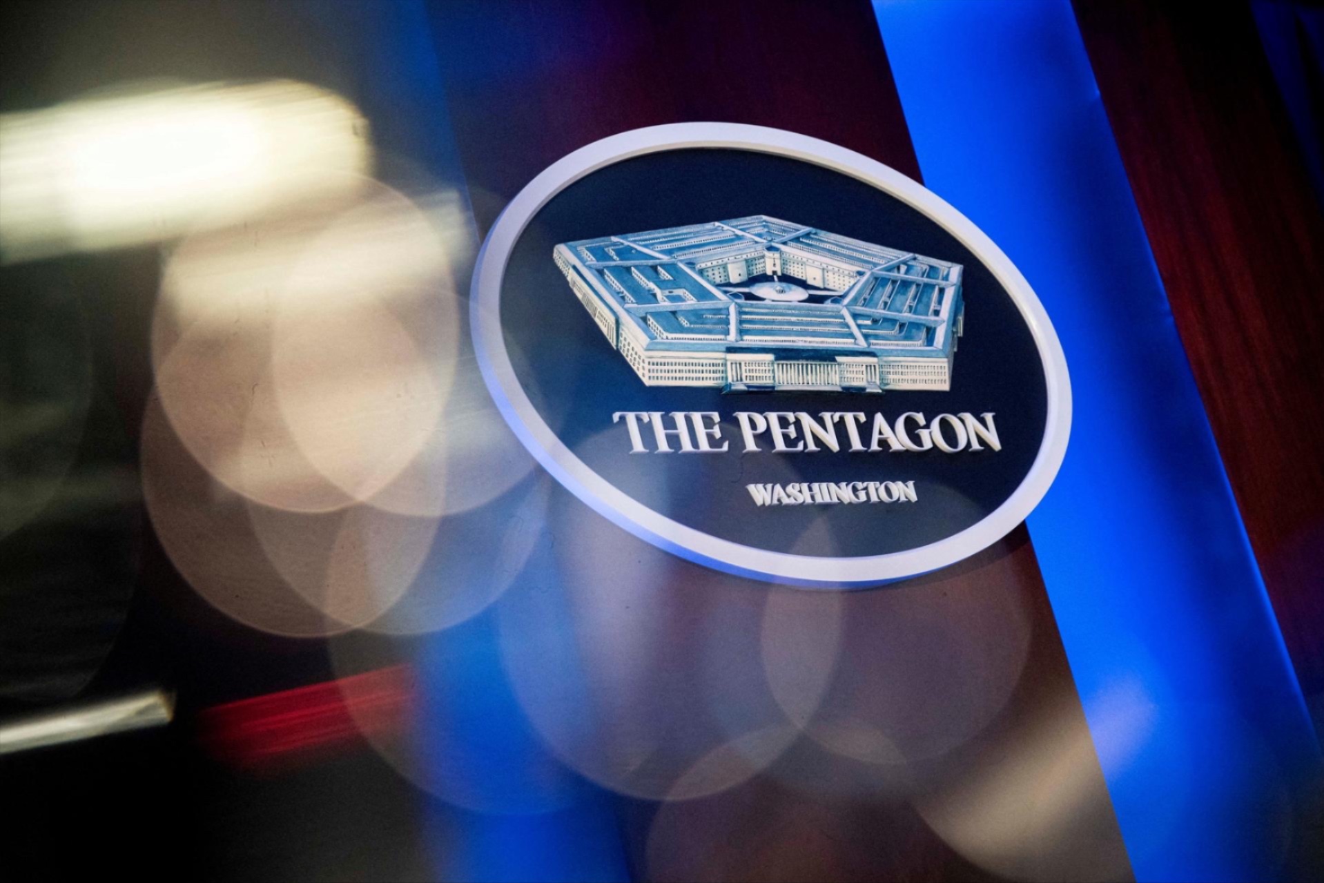 The Pentagon logo is seen behind the podium in the briefing room at the Pentagon