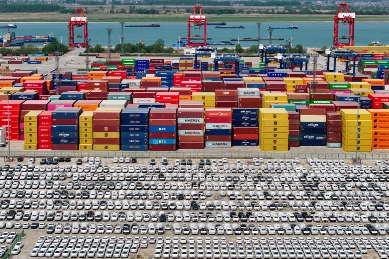 Chinese cars are parked at China’s Port of Nanjing as they wait to be exported, April 16, 2025. 