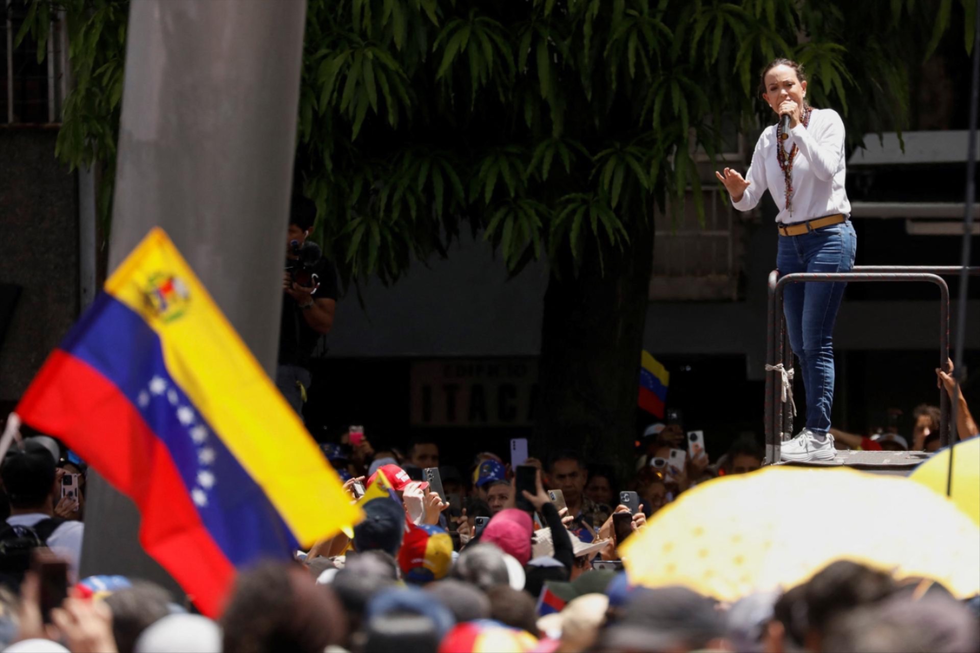 Venezuelan opposition leader Maria Corina Machado attends a protest against election results that awarded Venezuela's President Nicolas Maduro with a third term, in Caracas, Venezuela, August 3, 2024.