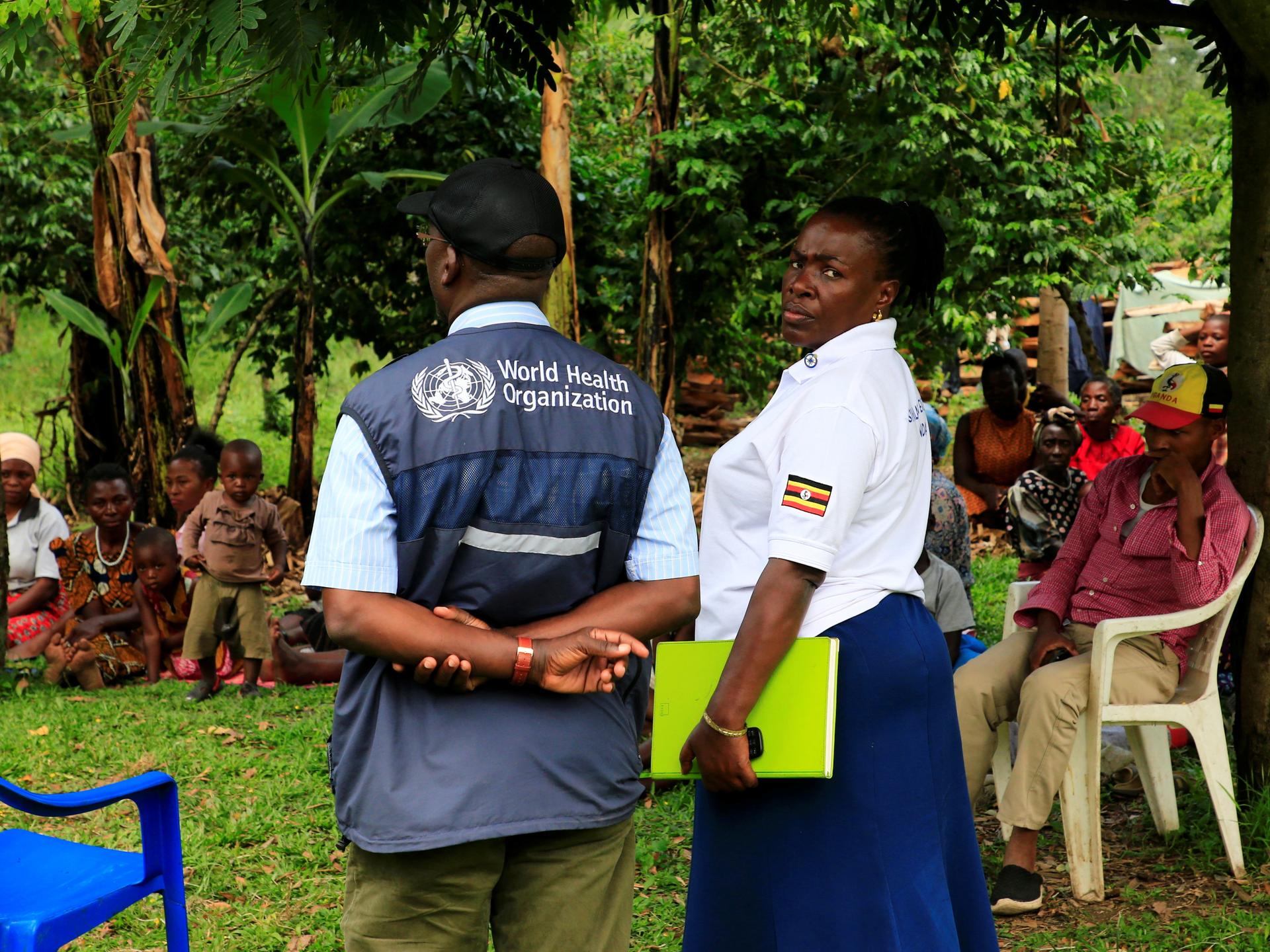 World Health Organization officials and Ugandan health workers inform Kirembo village about the Ebola vaccine, in Kasese district, Uganda, on June 15, 2019.