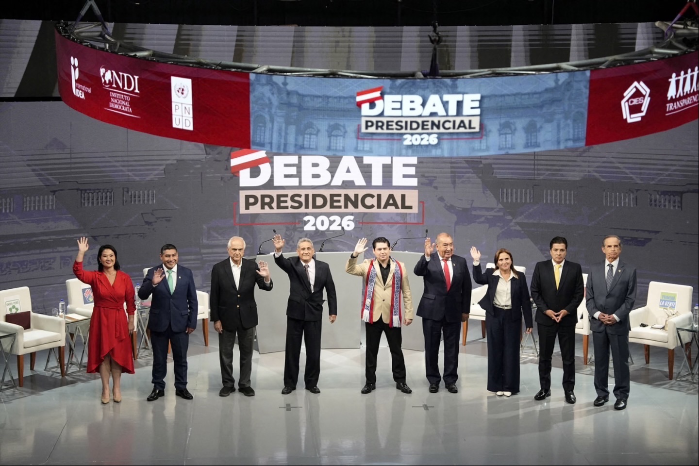 Peruvian presidential candidates participate in a televised debate on March 31, 2026, in Lima, Peru.