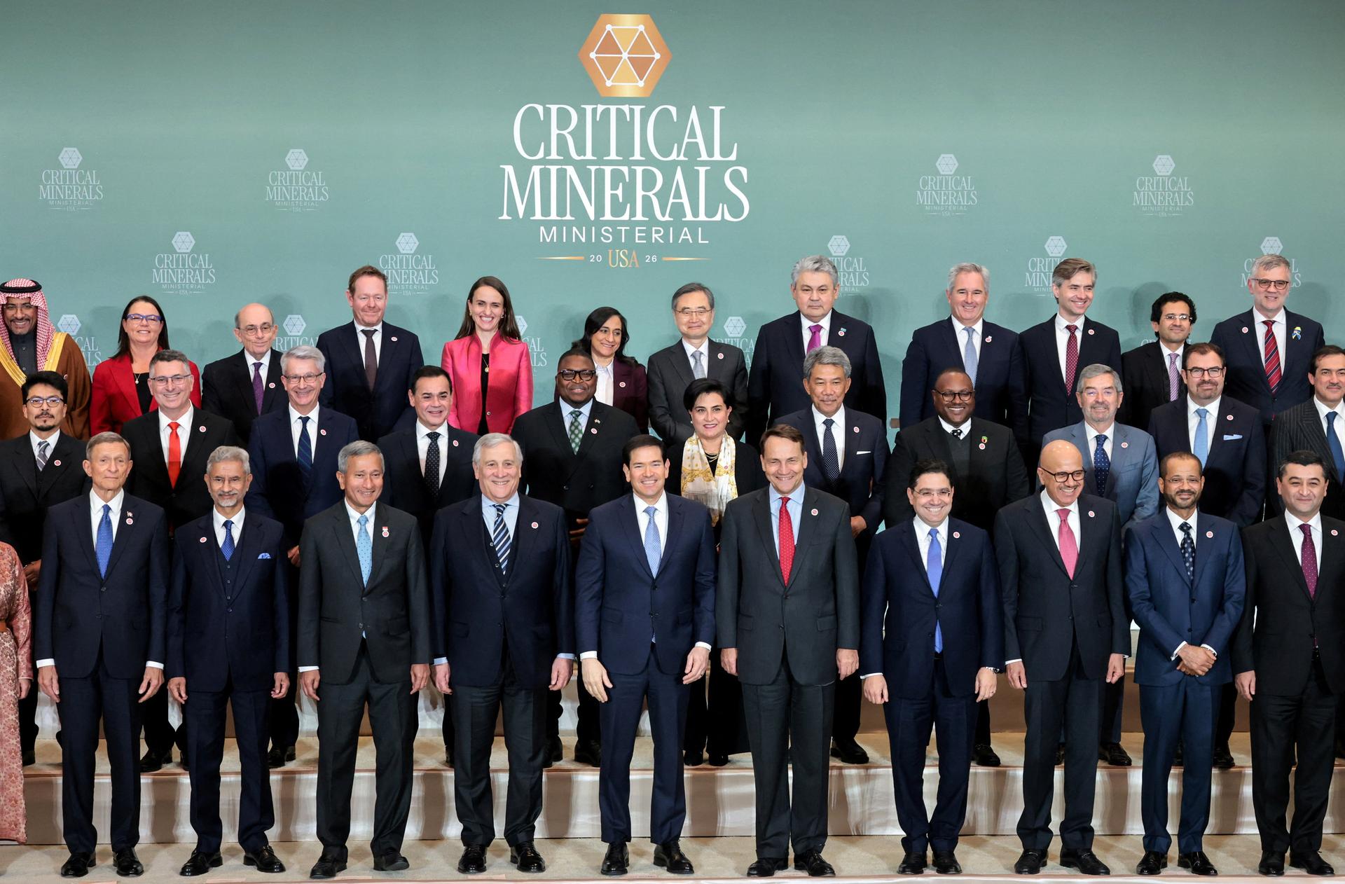 U.S. Secretary of State Marco Rubio and other government officials pose at the Critical Minerals Ministerial in Washington DC. 