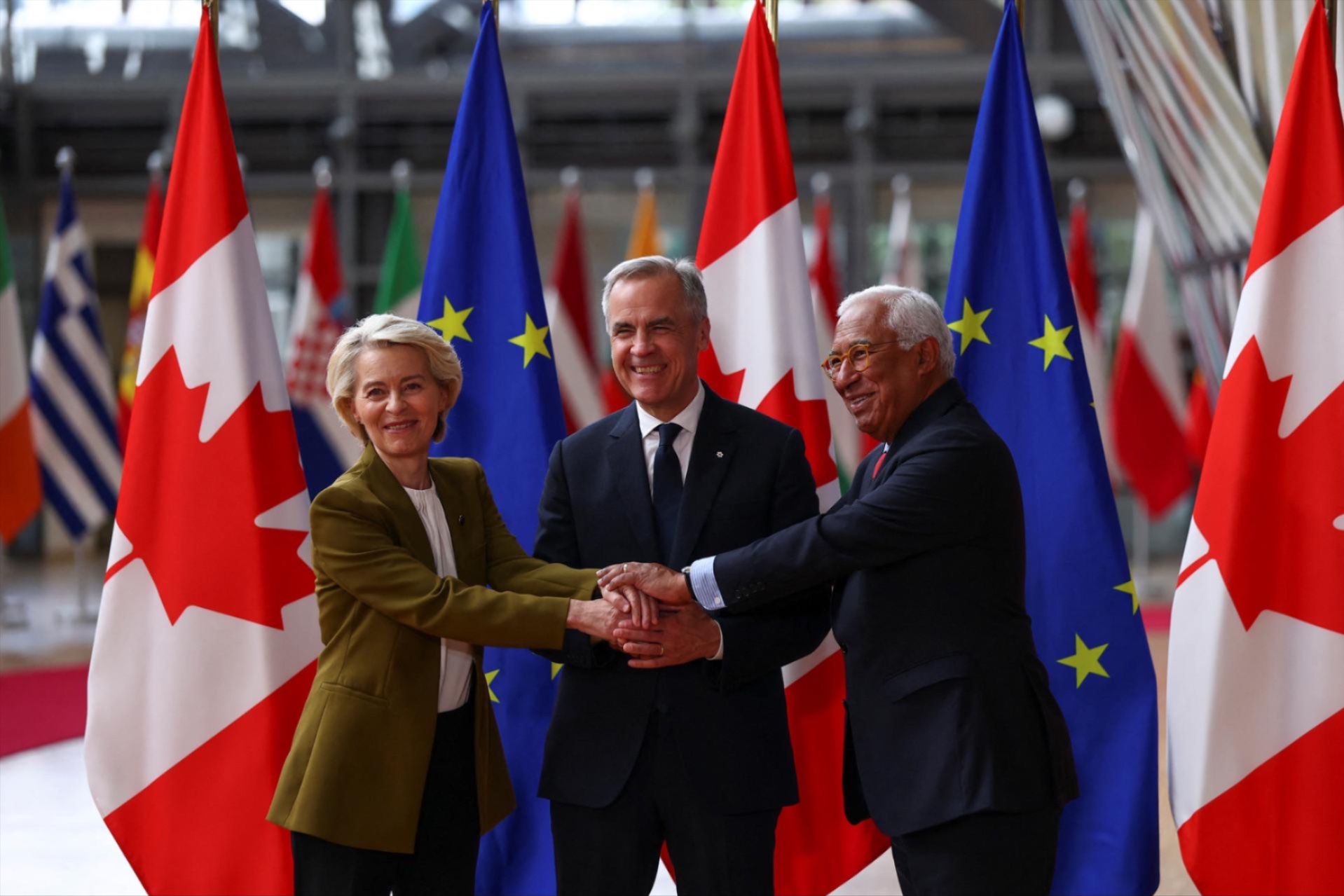 European Commission President Ursula von der Leyen and European Council President Antonio Costa welcome Canadian Prime Minister Mark Carney for an EU-Canada summit in Brussels, Belgium, on June 23, 2025. 