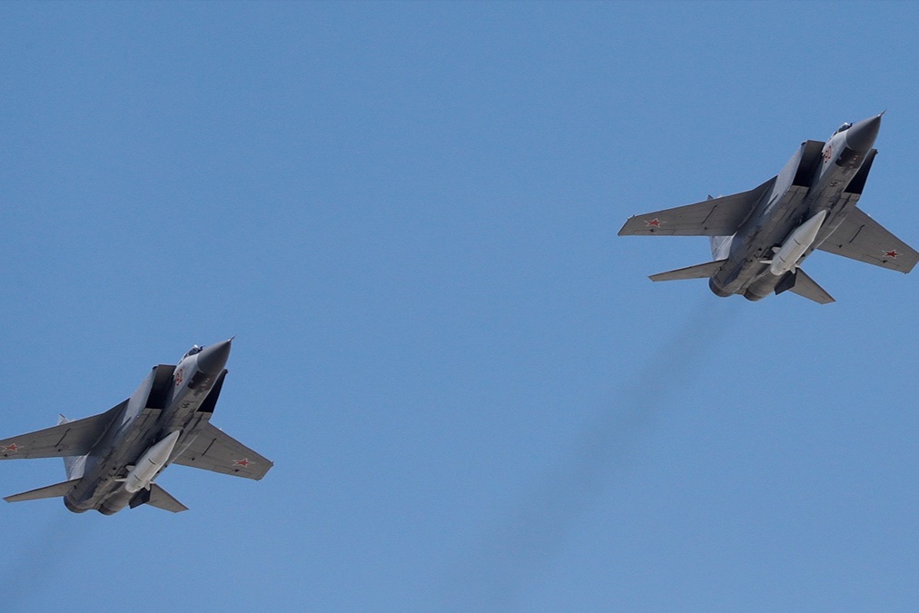Russian Air Force MiG-31 fighter jets fly in formation during the Victory Day parade, marking the 73rd anniversary of the victory over Nazi Germany in World War Two, above Red Square in Moscow, Russia, on May 9, 2018.