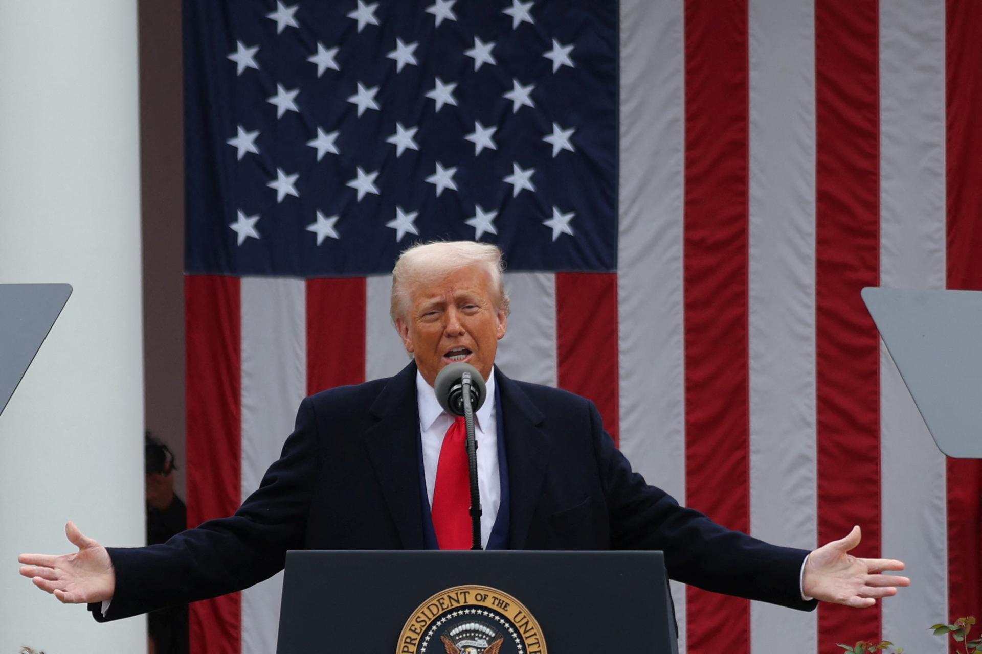 Donald Trump delivers remarks on tariffs in the Rose Garden at the White House in Washington, D.C., U.S., April 2, 2025.