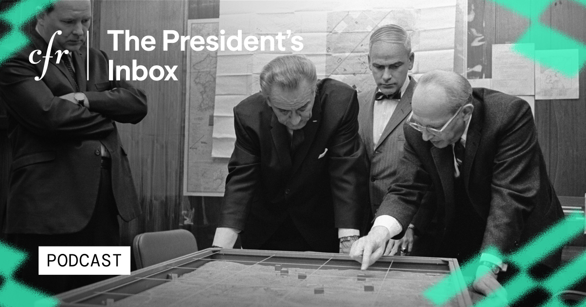 The President's Inbox cover image: A past U.S. president and advisors examine a map