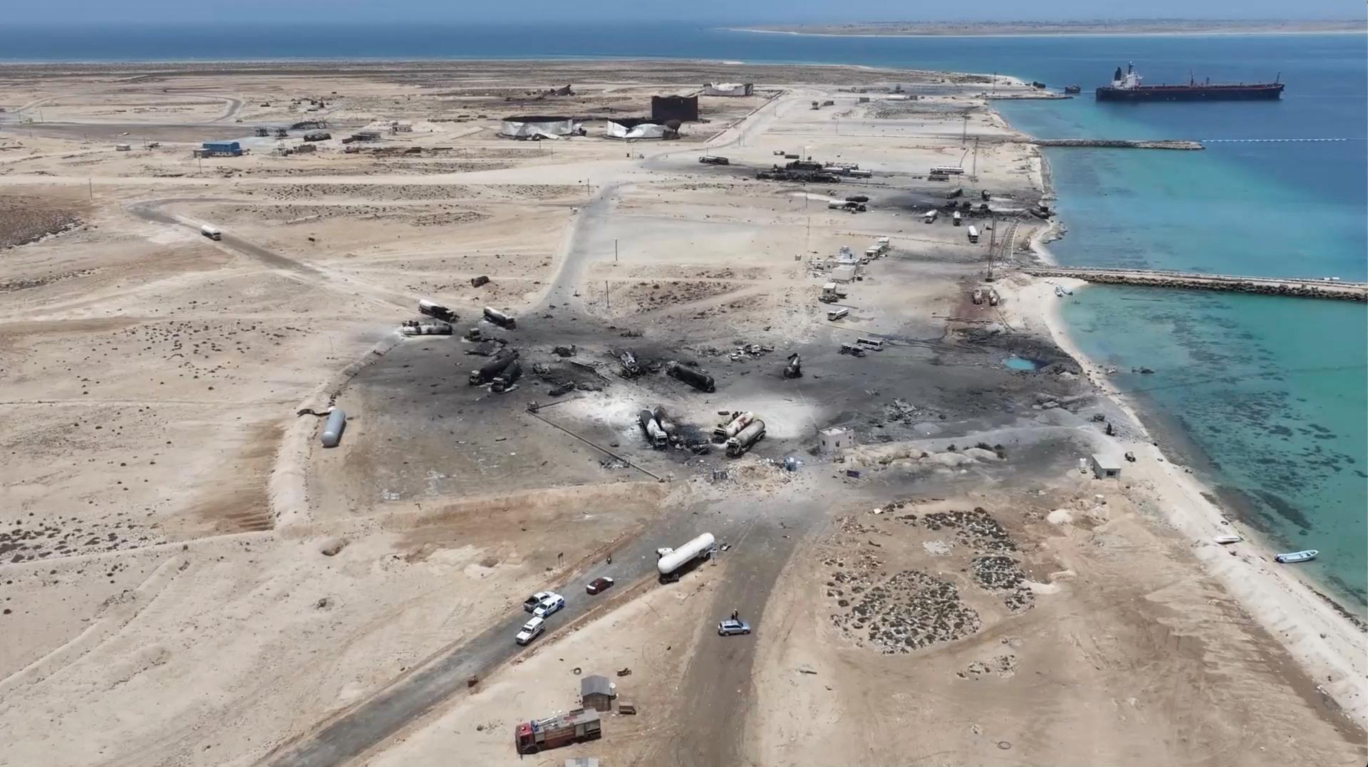 A drone view of the aftermath of a U.S. strike on the Ras Isa fuel port in Yemen on April 18, 2025.