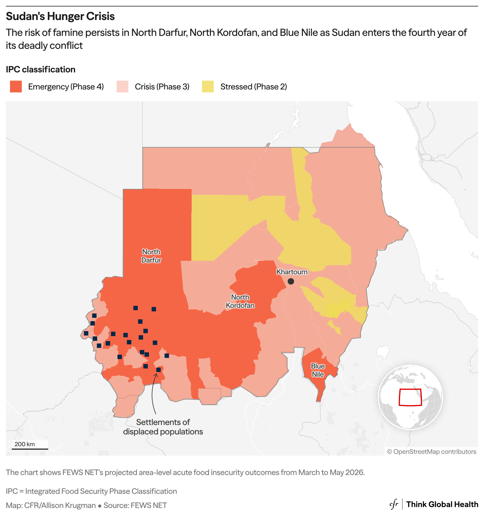 A map showing the phases of Sudan's  famine 