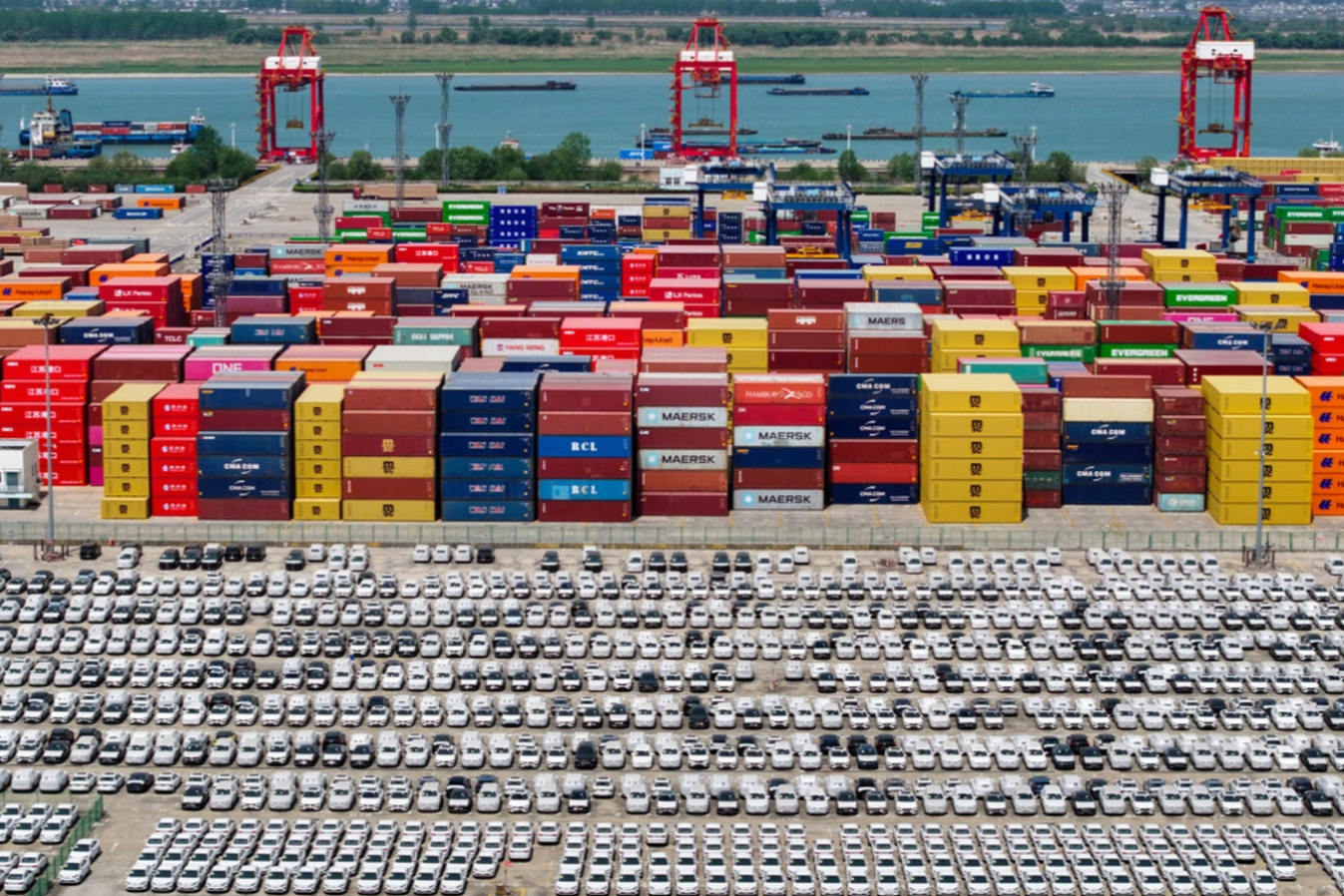 Chinese cars are parked at China’s Port of Nanjing as they wait to be exported, April 16, 2025. STR/AFP/Getty Images