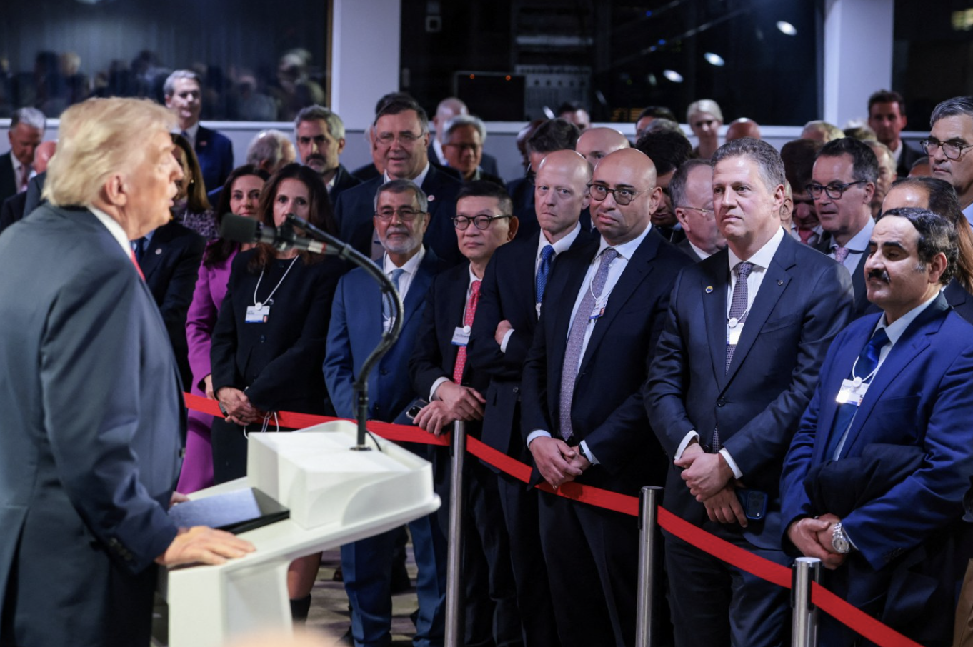 Attendees listen to President Donald Trump speaking during a reception with business leaders, at the 56th annual World Economic Forum (WEF), in Davos, Switzerland, on January 21, 2026. Jonathan Ernst/Reuters