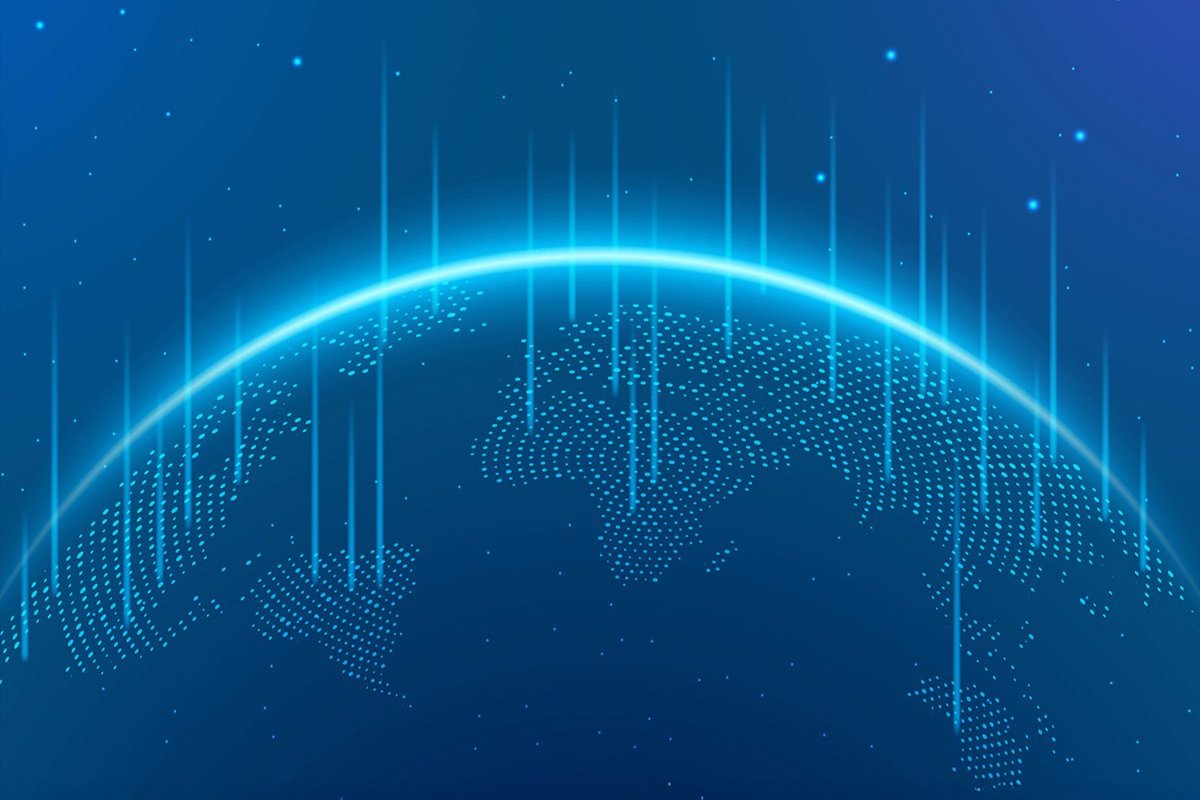 An illustration of the Earth with blue beams shooting out of it. 