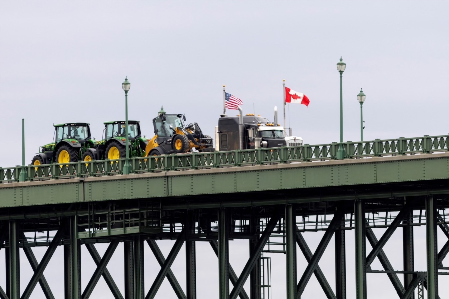A transport truck drives across the U.S.-Canada border at Fort Erie Ontario, Canada, April 2, 2025.
