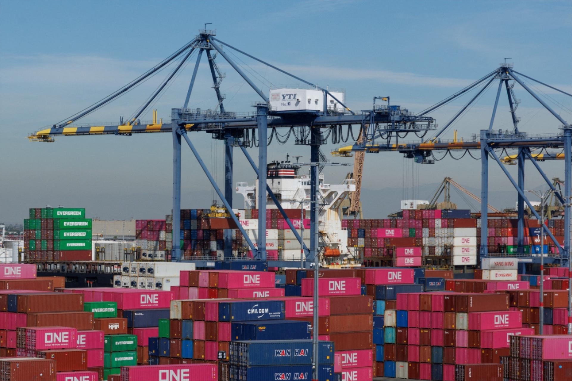 Shipping containers are shown stacked together on Terminal Island at the port of Los Angeles in Los Angeles, California, U.S., February 24, 2026.