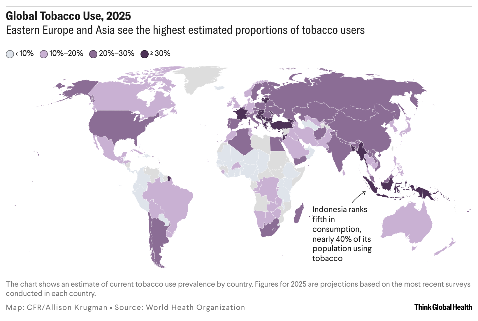 A world map showing the proportion of tobacco users in each country