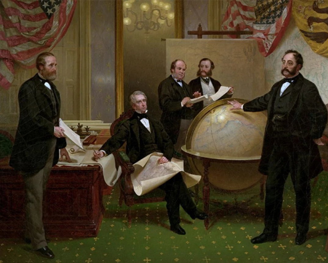 Reproduction of a painting by Emanuel Leutze shows the signing of the Alaska Treaty of Cessation in 1867.