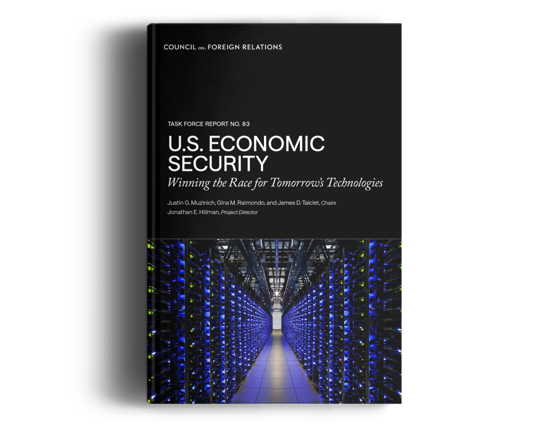 The black and blue cover of the Task Force Report, with U.S. Economic Security written on it in white.