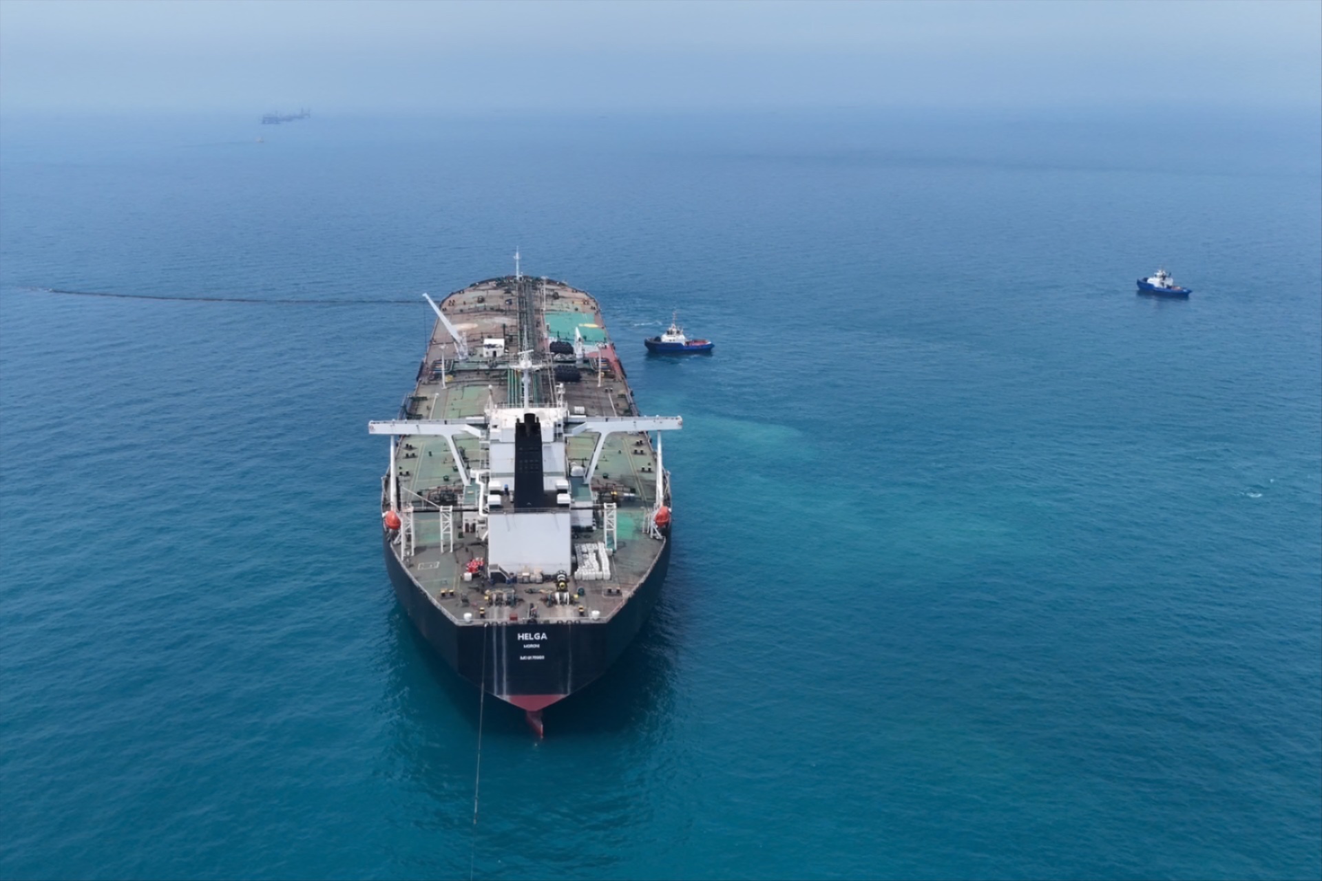 Drone view of oil tanker HELGA berthed at one of Iraq’s southern offshore oil terminals near Basra as it prepares to load crude oil, becoming the second vessel to arrive since the closure of the Strait of Hormuz, April 24, 2026.