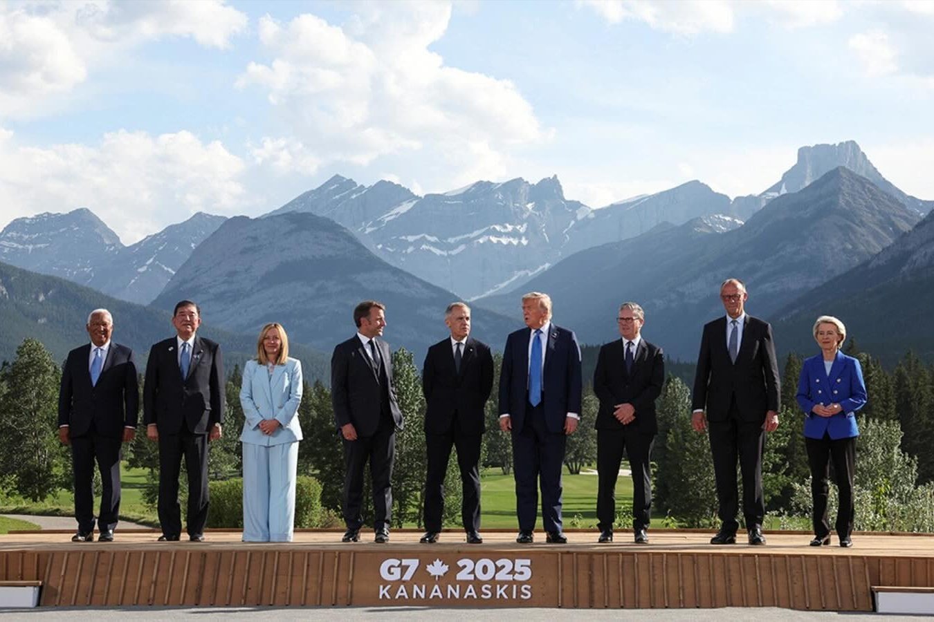 Leaders from the EU, Japan, Italy, France, Canada, the United States, UK, and Germany pose for a family photo during the G7 Summit, in Kananaskis, Alberta, Canada, on June 16. 