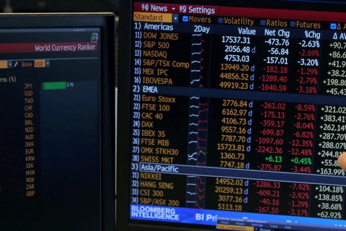 A trader from Guide brokerage company points at screens with the world equity indices and world currency rankers.