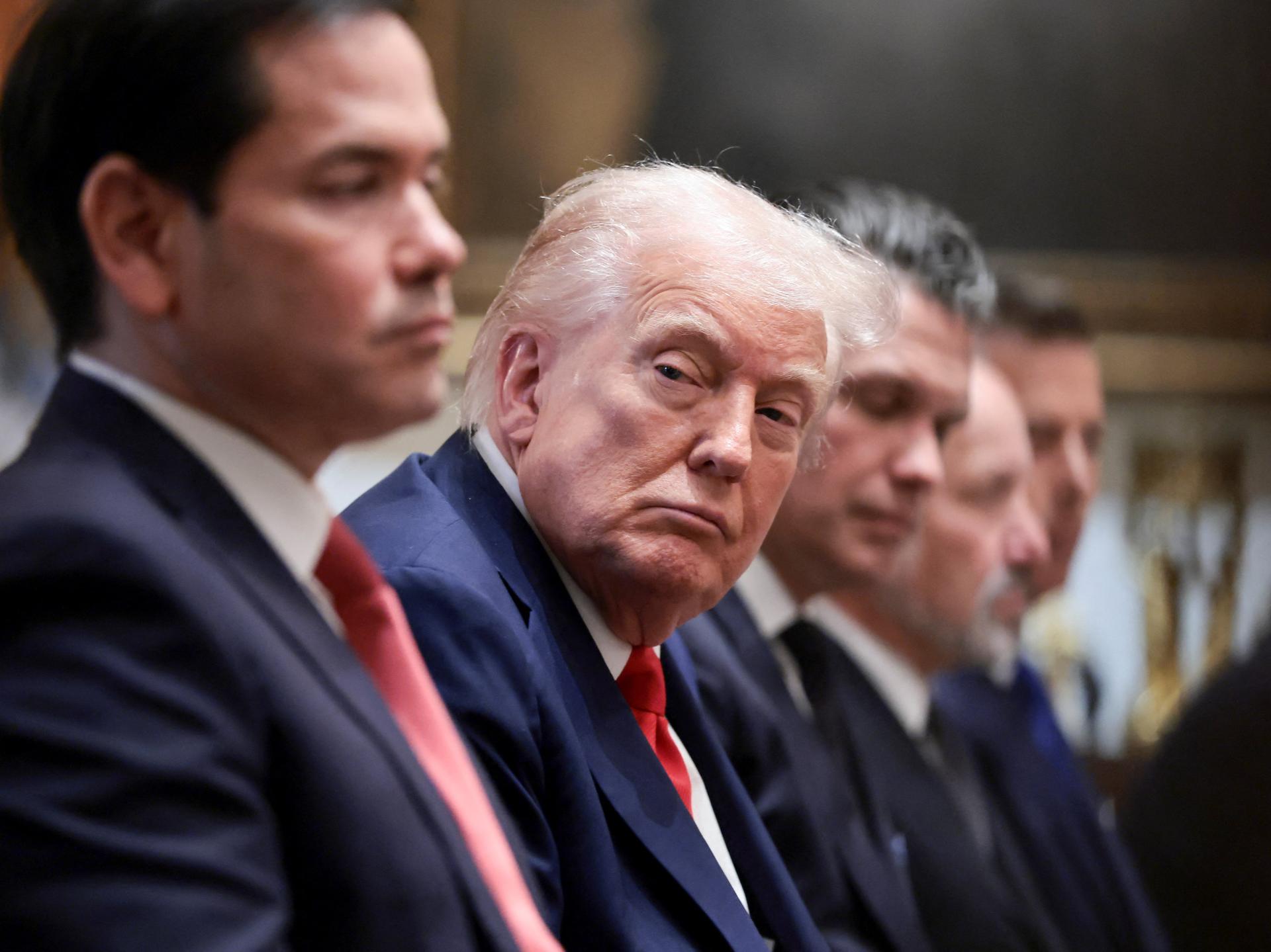 U.S. President Donald Trump, Secretary of State Marco Rubio, and Secretary of Defense Pete Hegseth attend a cabinet meeting at the White House, in Washington, DC, on October 9, 2025.