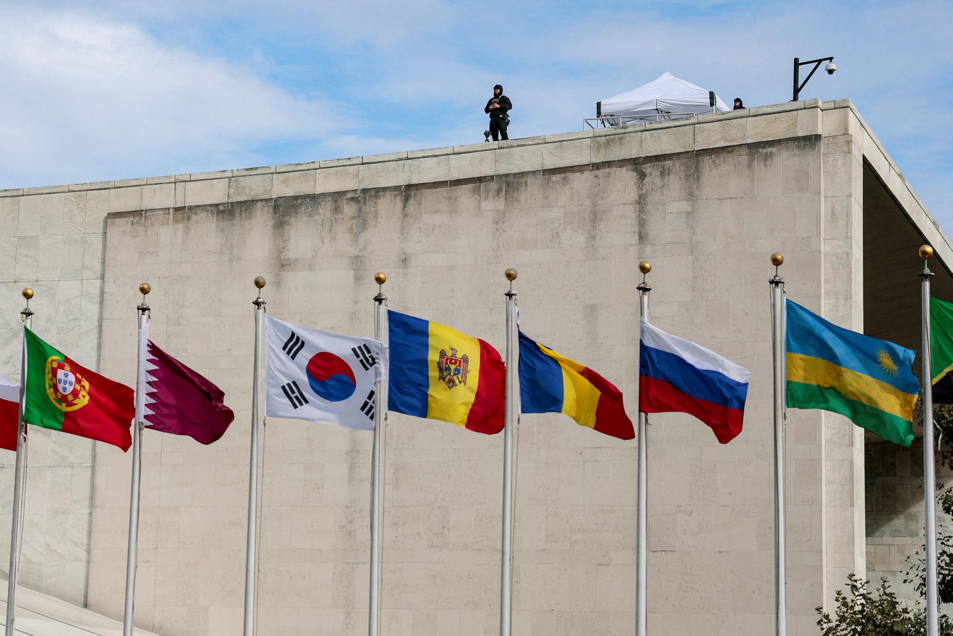 Security keep watch on top of a building during the 81st United Nations General Assembly (UNGA) in New York City, US, on September 22, 2026.