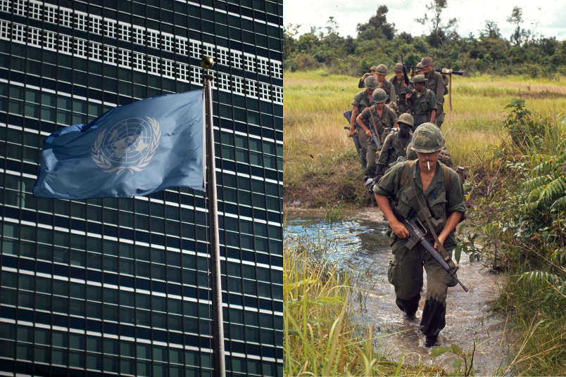 The United Nations flag flies outside UN Headquarters in New York City; U.S. soldiers conduct a search and clear operation near Nui Ba Den, Vietnam, August 21, 1970. Getty Images