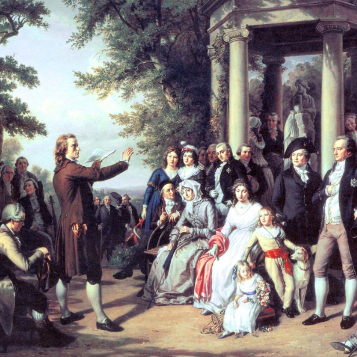 Schiller and Goethe in Weimar reading and discussing in the park stock illustration