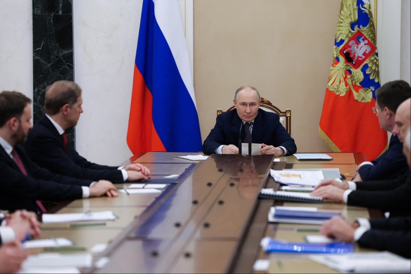 Russian President Vladimir Putin chairs a meeting on the situation in the global energy market, at the Kremlin in Moscow, Russia March 9, 2026. 