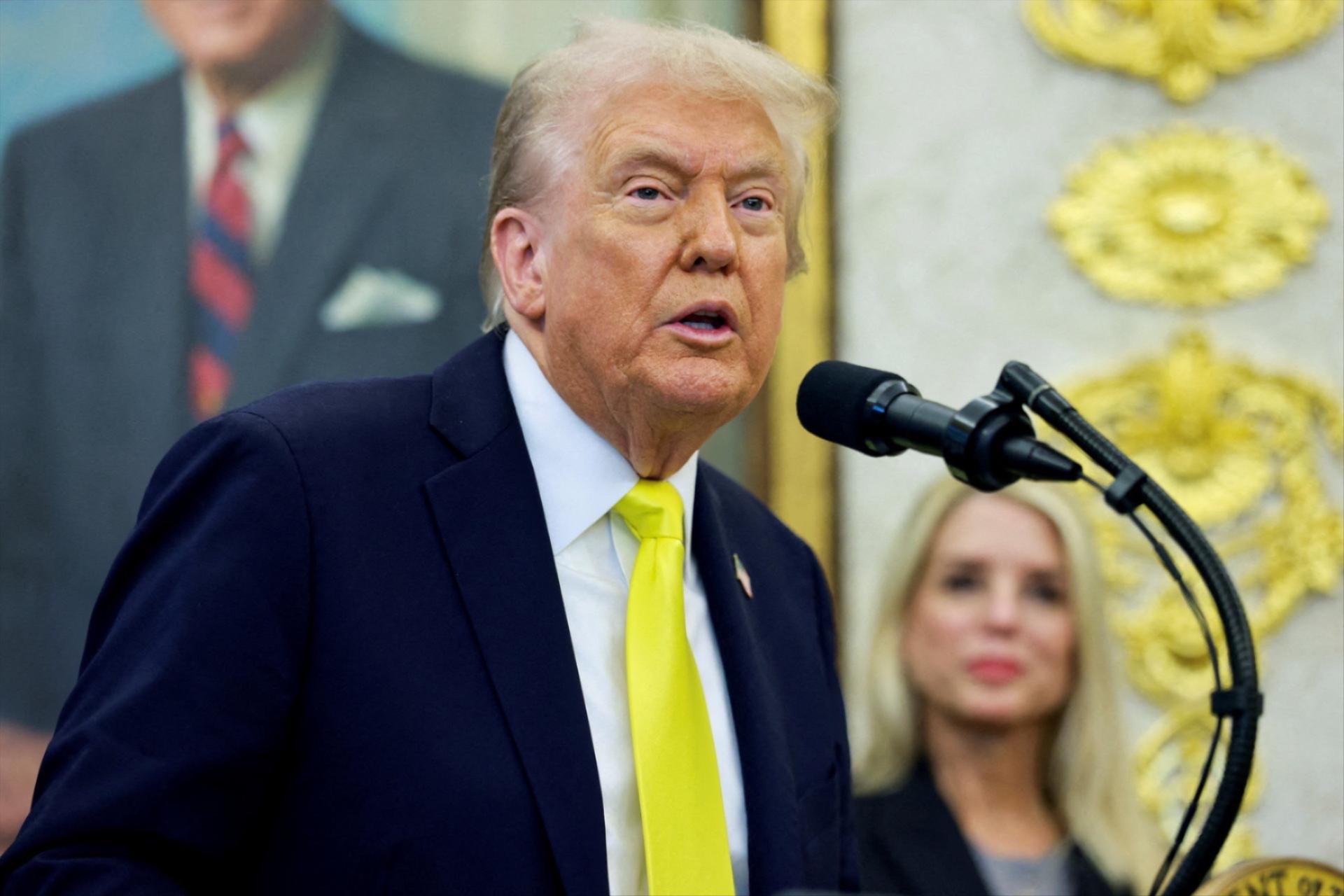 Donald Trump speaks during a press conference at the White House, October 15, 2025.