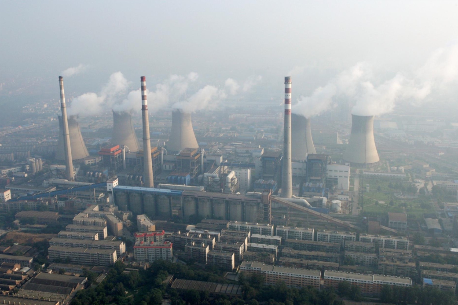 An aerial view shows a coal-burning power plant on the outskirts of Zhengzhou, Henan province, China.