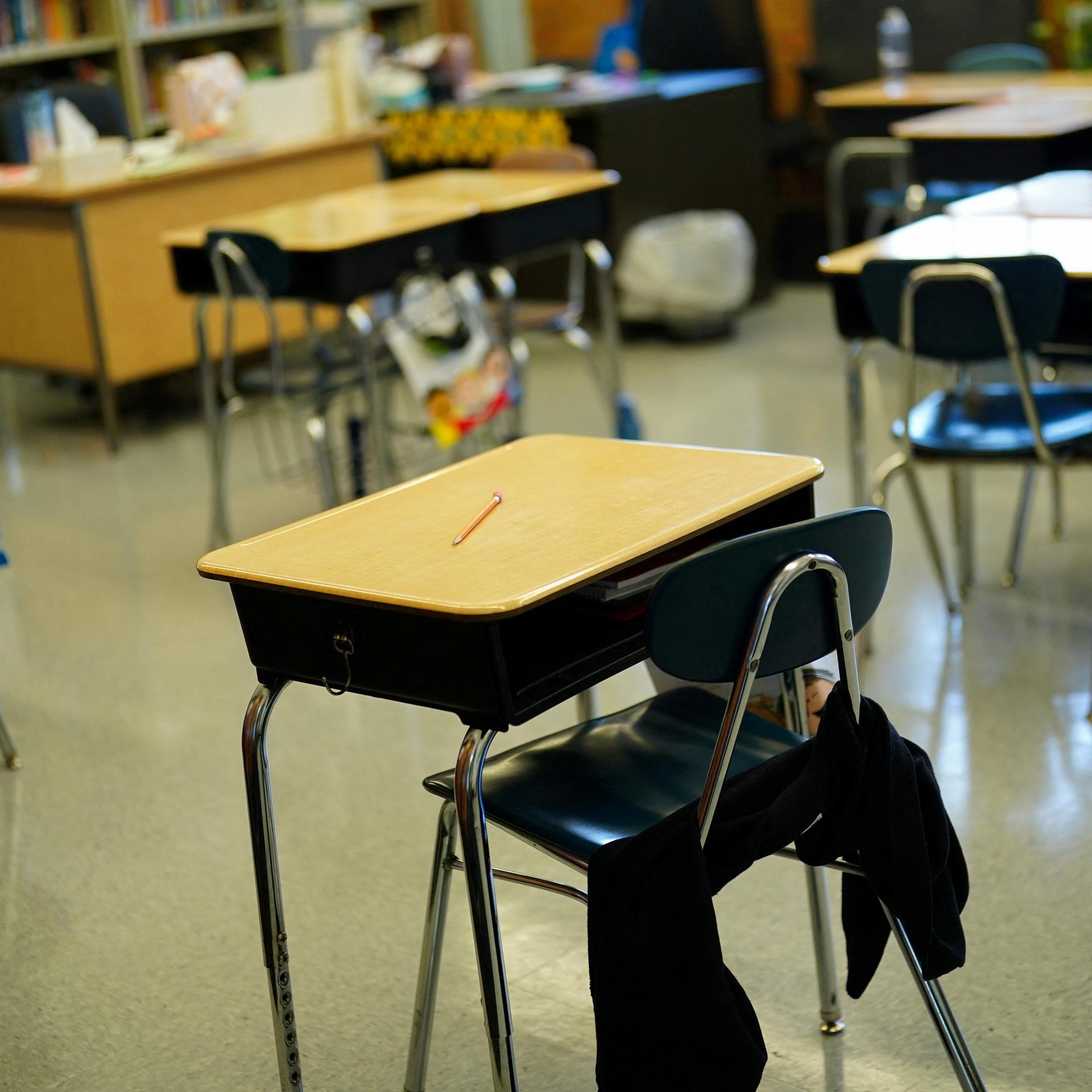 An empty classroom at CIS 303: Leadership and Community Service Academy in the Bronx borough of New York City, U.S., on October 8, 2024. 