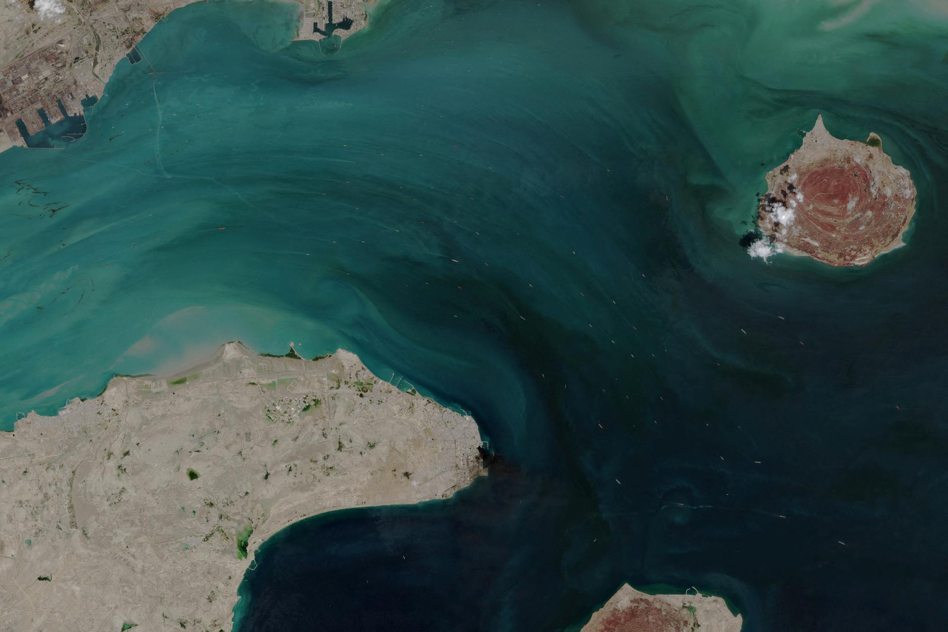 A satellite image shows ship movement in the Strait of Hormuz on April 2, 2026. 