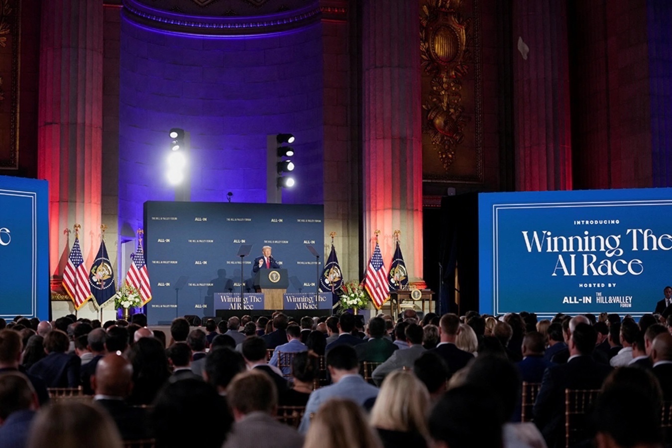 President Donald Trump delivers remarks on artificial intelligence at the 