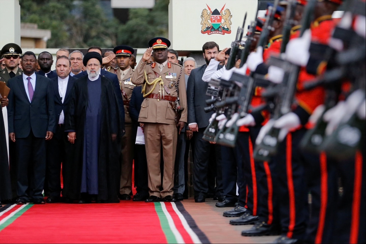 Iran‘s President Ebrahim Raisi leaves after laying a wreath at the Mzee Jomo Kenyatta’s mausoleum during his three-country African tour, as part of efforts to reduce the Islamic Republic’s economic isolation, in Nairobi, Kenya on July 12, 2023.