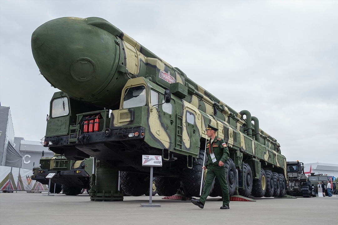 The RT-2PM2, Topol-M, one of the most recent intercontinental ballistic missiles to be deployed by Russia, in Moscow, August 20, 2022. 