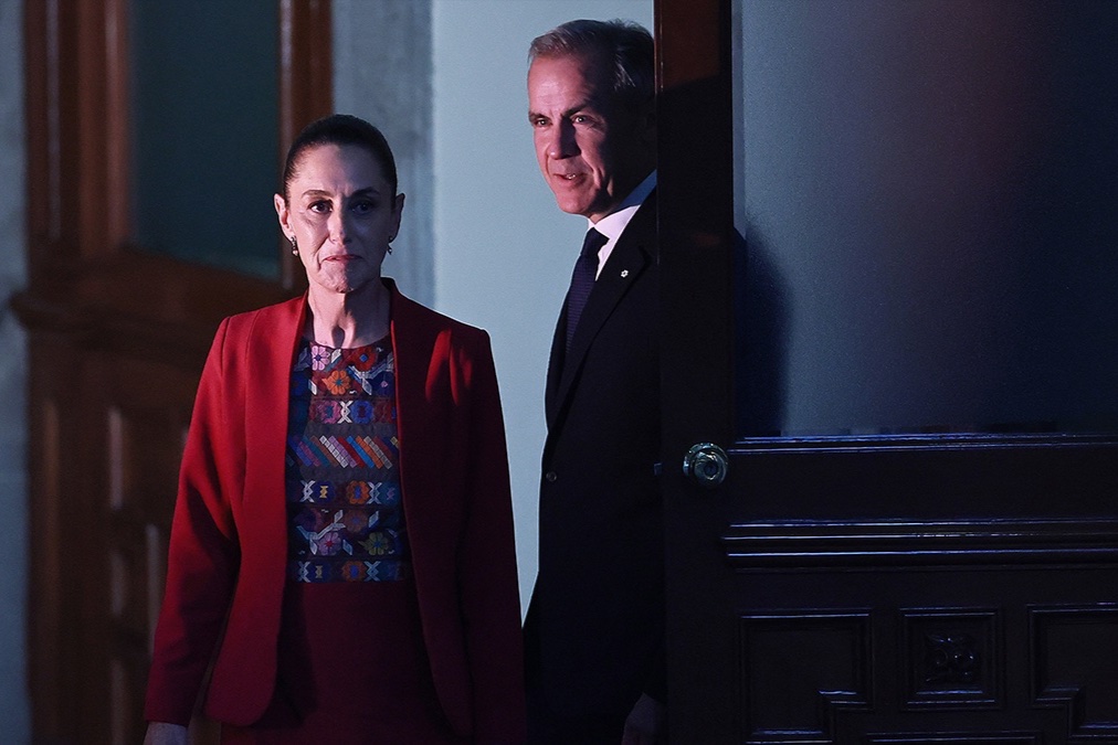 Prime Minister of Canada Mark Carney and President of Mexico Claudia Sheinbaum walk to a press conference at Palacio Nacional on September 18, 2025 in Mexico City, Mexico.