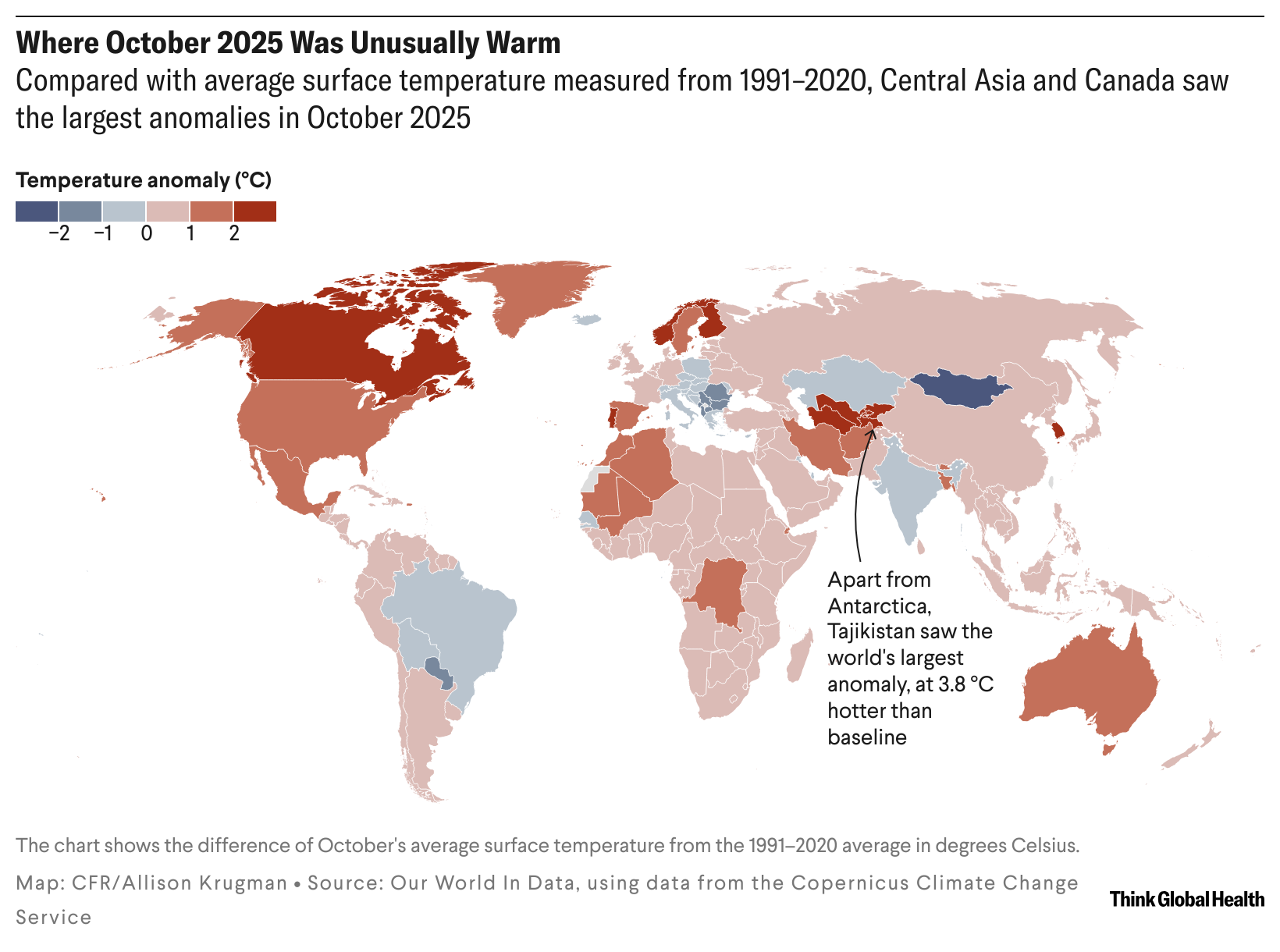 A world map showing average surface temperature from 1991-2020