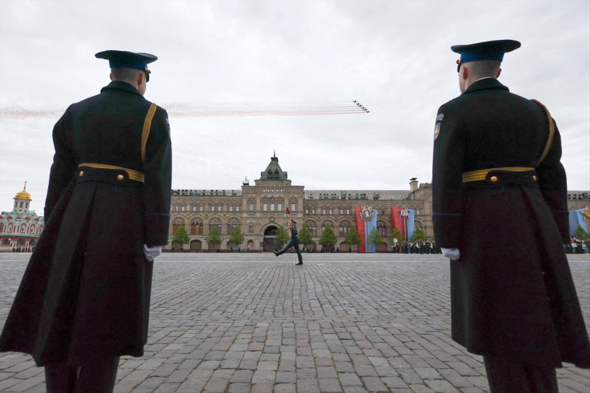 Russia’s Su-25 jet aircraft release smoke in the colours of the Russian state flag during a military parade on Victory Day, marking the 81st anniversary of the victory over Nazi Germany in World War Two, in Red Square in central Moscow, Russia, on May 9, 2026.