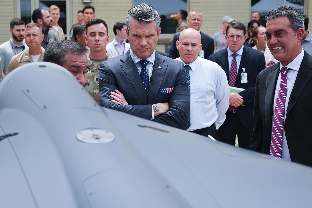 U.S. Secretary of Defense Pete Hegseth is briefed on an exhibit of Multi-Domain Autonomous systems. 