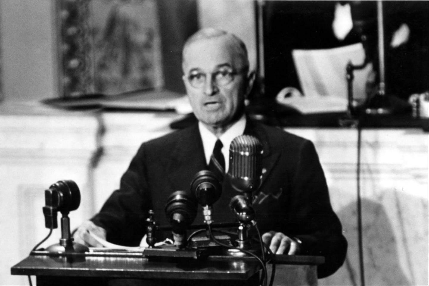 President Harry S. Truman addressing a joint session of Congress asking for $400 million in aid to Greece and Turkey, March 12, 1947. 