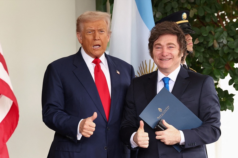 President Donald Trump welcomes Argentina’s President Javier Milei at the White House in Washington, D.C., October 14, 2025. 