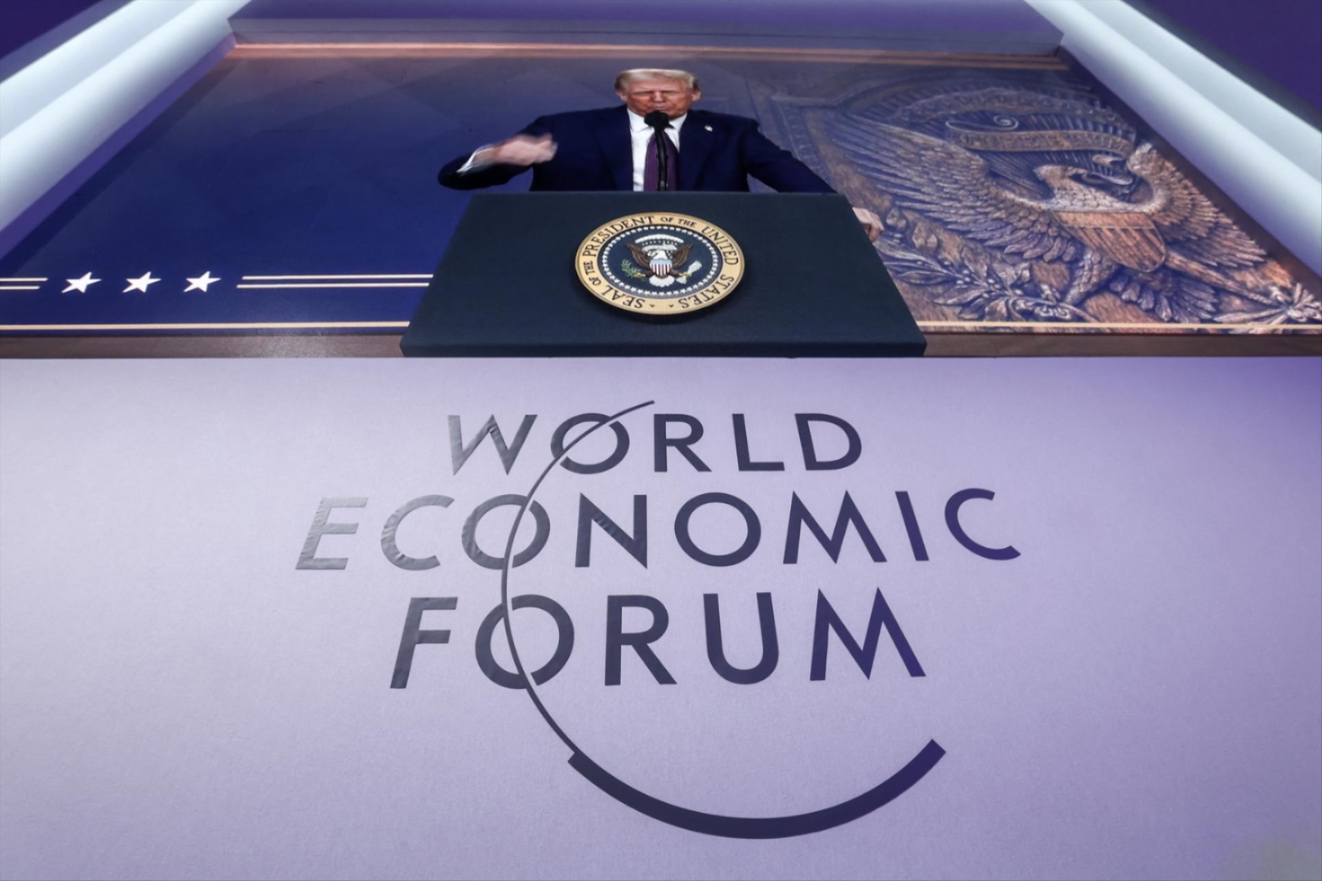 President Donald Trump makes a special address remotely during the 55th annual World Economic Forum (WEF) meeting in Davos, Switzerland, January 23, 2025.