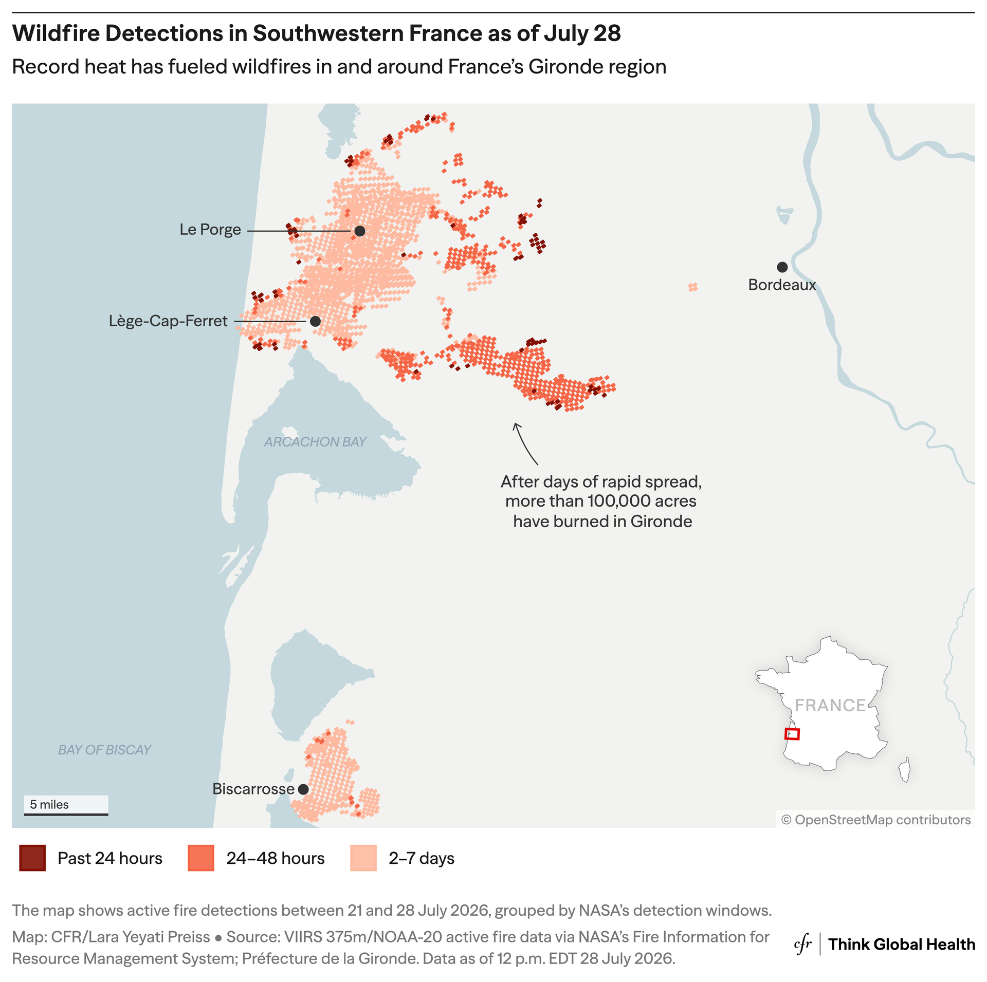 A map showing wildfire detections in southwestern France as of July 28