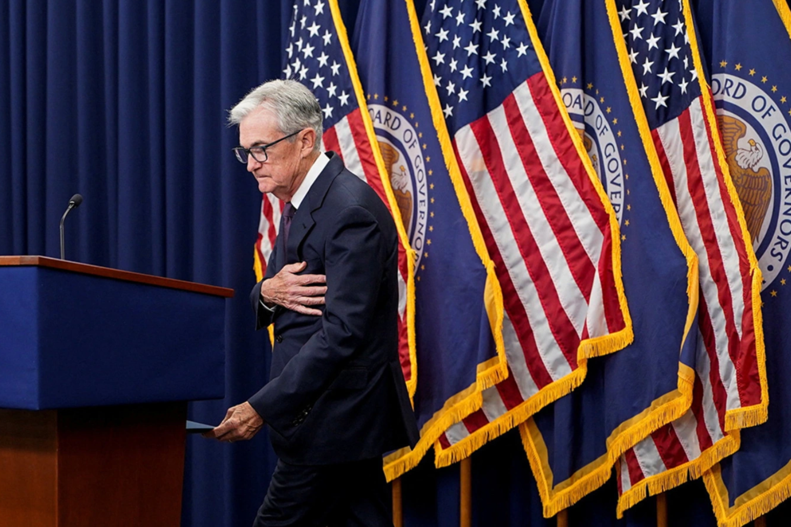 Fed Chair Jerome Powell walks to attend a press conference, September 17, 2025. Elizabeth Frantz/Reuters