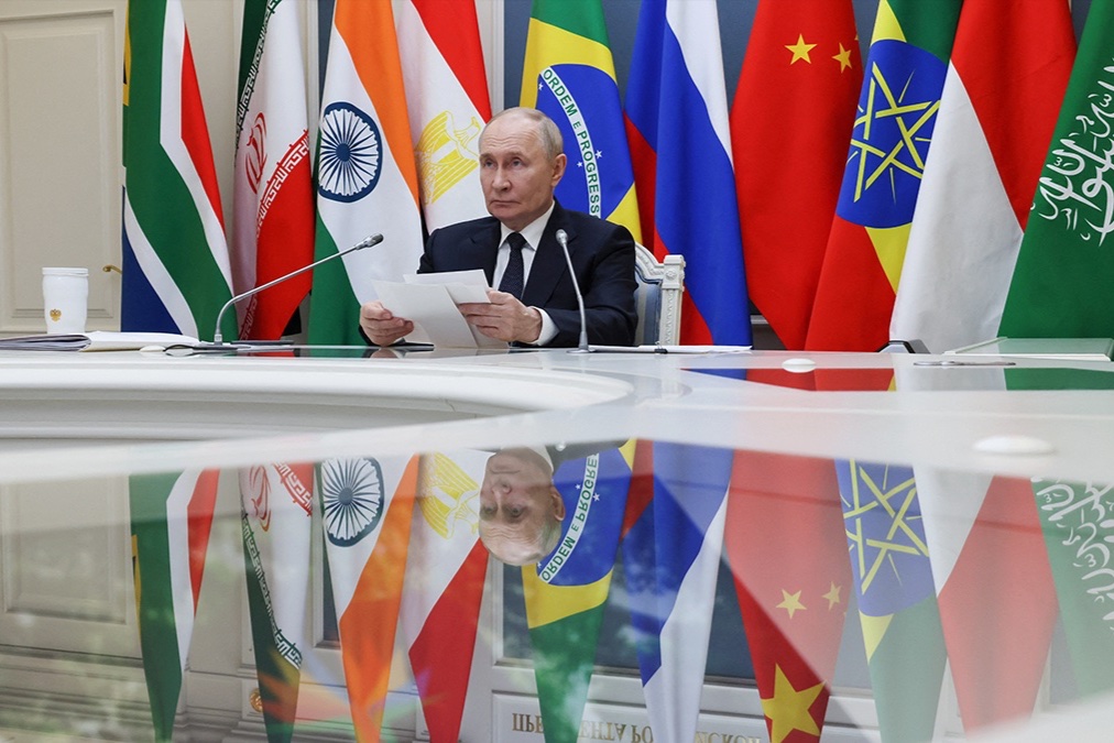 Russian President Vladimir Putin takes part in the BRICS Summit held in Rio de Janeiro, Brazil, via videolink, July 6, 2025.