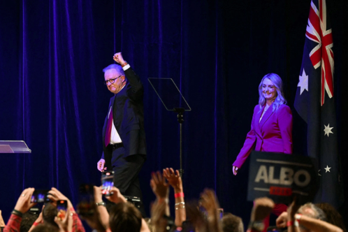 Australia’s Prime Minister Anthony Albanese arrives onstage with his partner Jodie Haydon after winning the general election at the Labor Party election night event in Sydney on May 3. Saeed Khan/AFP/Getty Images