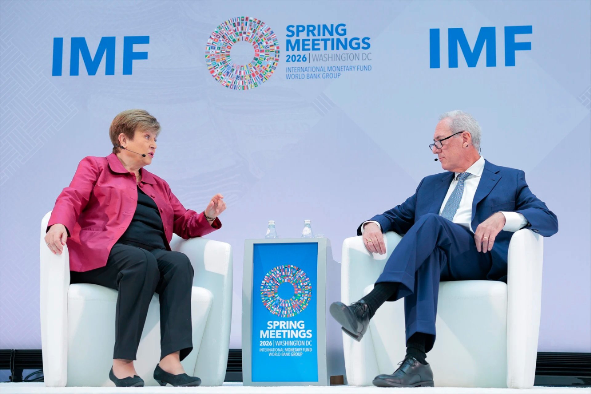 International Monetary Fund Managing Director Kristalina Georgieva speaks with President of the Council on Foreign Relations Michael Froman during a curtain-raiser event to kick off the IMF and World Bank Spring Meetings on April 09, 2026 in Washington, DC. 