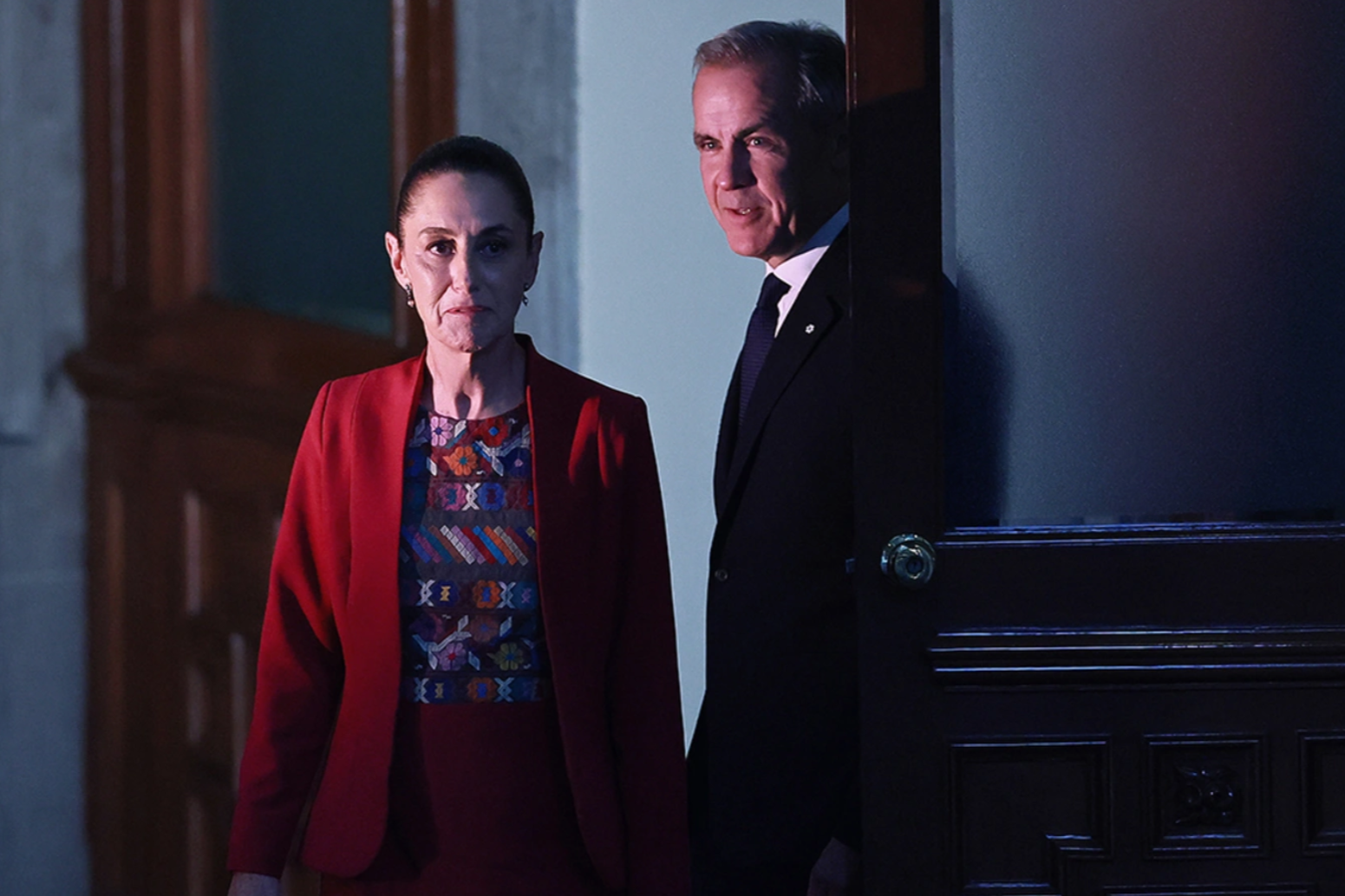 Canadian Prime Minister Mark Carney and Mexican President Claudia Sheinbaum walk to a press conference at Palacio Nacional in Mexico City, Mexico, September 18, 2025. Manuel Velasquez/Getty Images