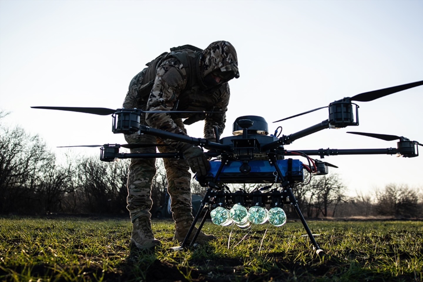 Ukrainian soldier prepares a drone for flight at a training area on February 8, 2025 in Donetsk Oblast, Ukraine. 
